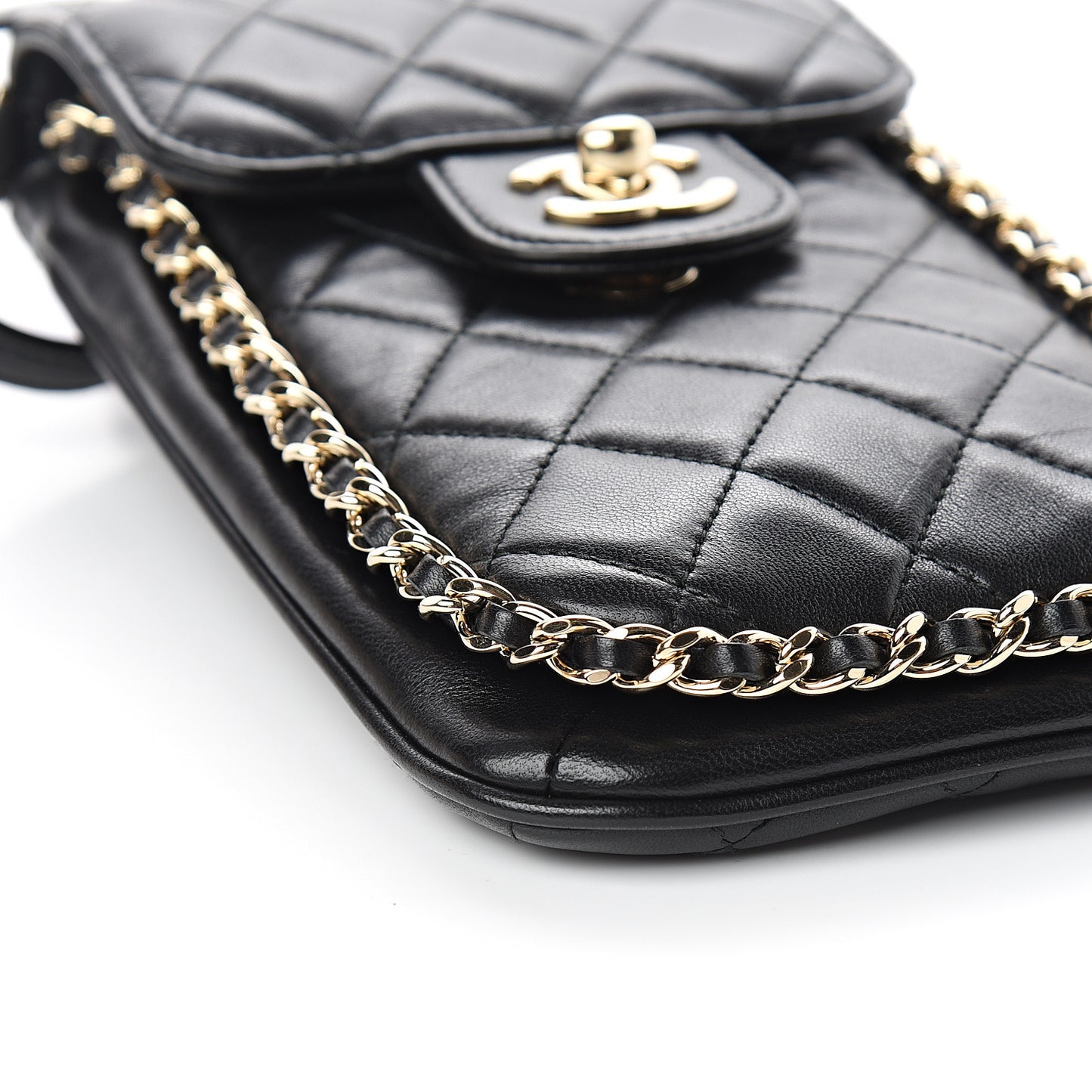 Lambskin Quilted Chain Around Flap Crossbody Black