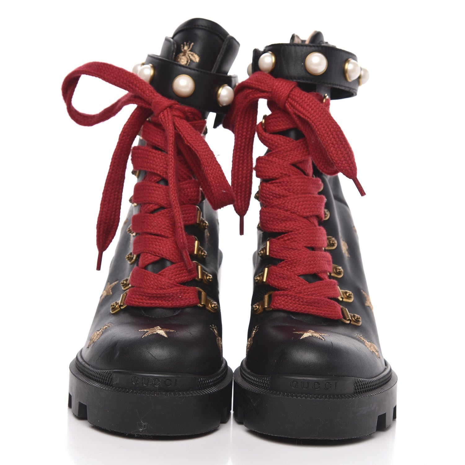 Gucci Calfskin Embroidered Lace Up Combat Ankle Boots 38 Black 2 of 9