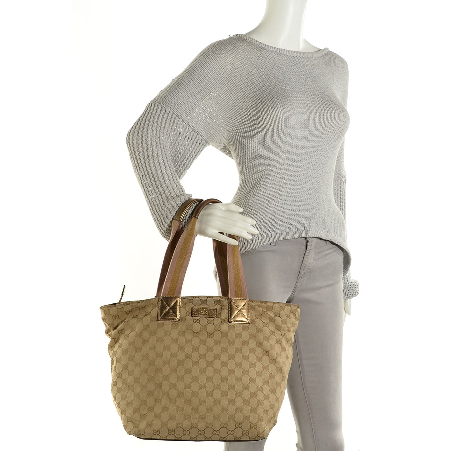 GG Monogram Large Web Handle Bucket Tote Gold