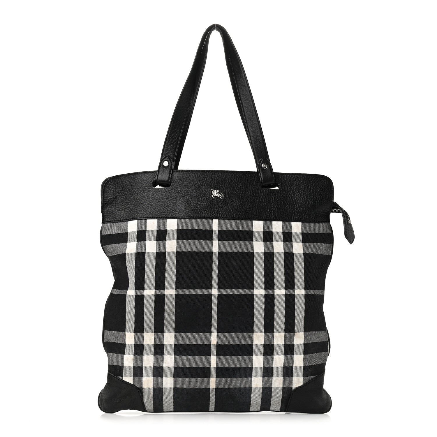 Burberry Canvas Check Calfskin Roll-Up Tote Black White 1 of 11