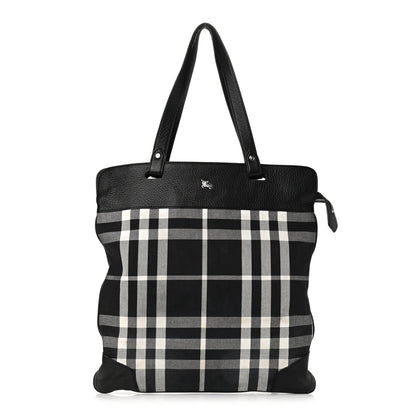 Burberry Canvas Check Calfskin Roll-Up Tote Black White 1 of 11