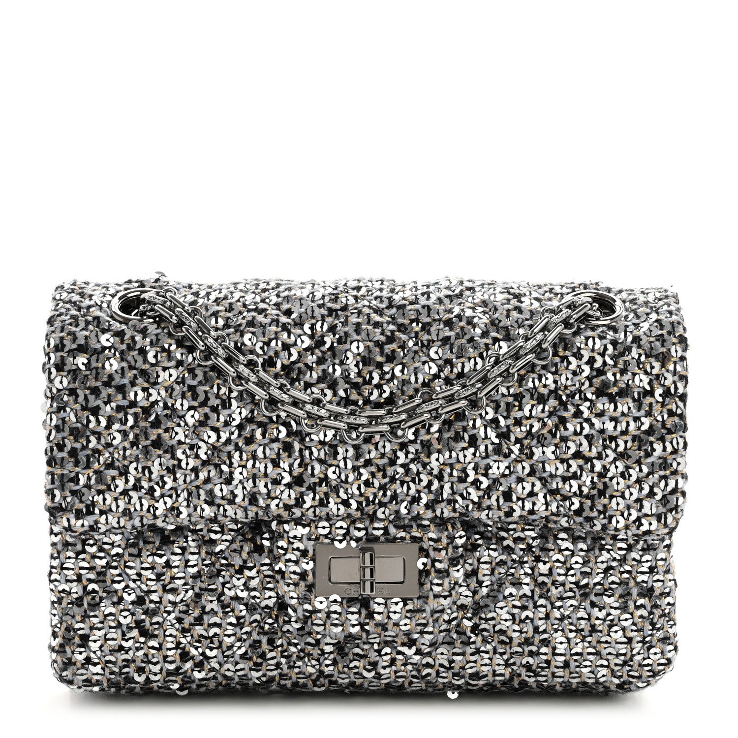 Chanel Tweed Quilted 2.55 Reissue Mini Flap Silver Black Gold 1 of 9