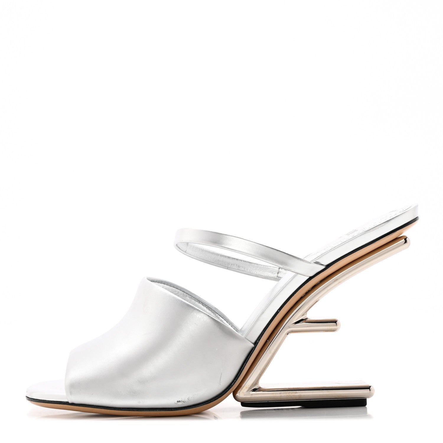 Fendi Metallic Calfskin Fendi First 95mm Slide Sandals 38 Argento 1 of 15