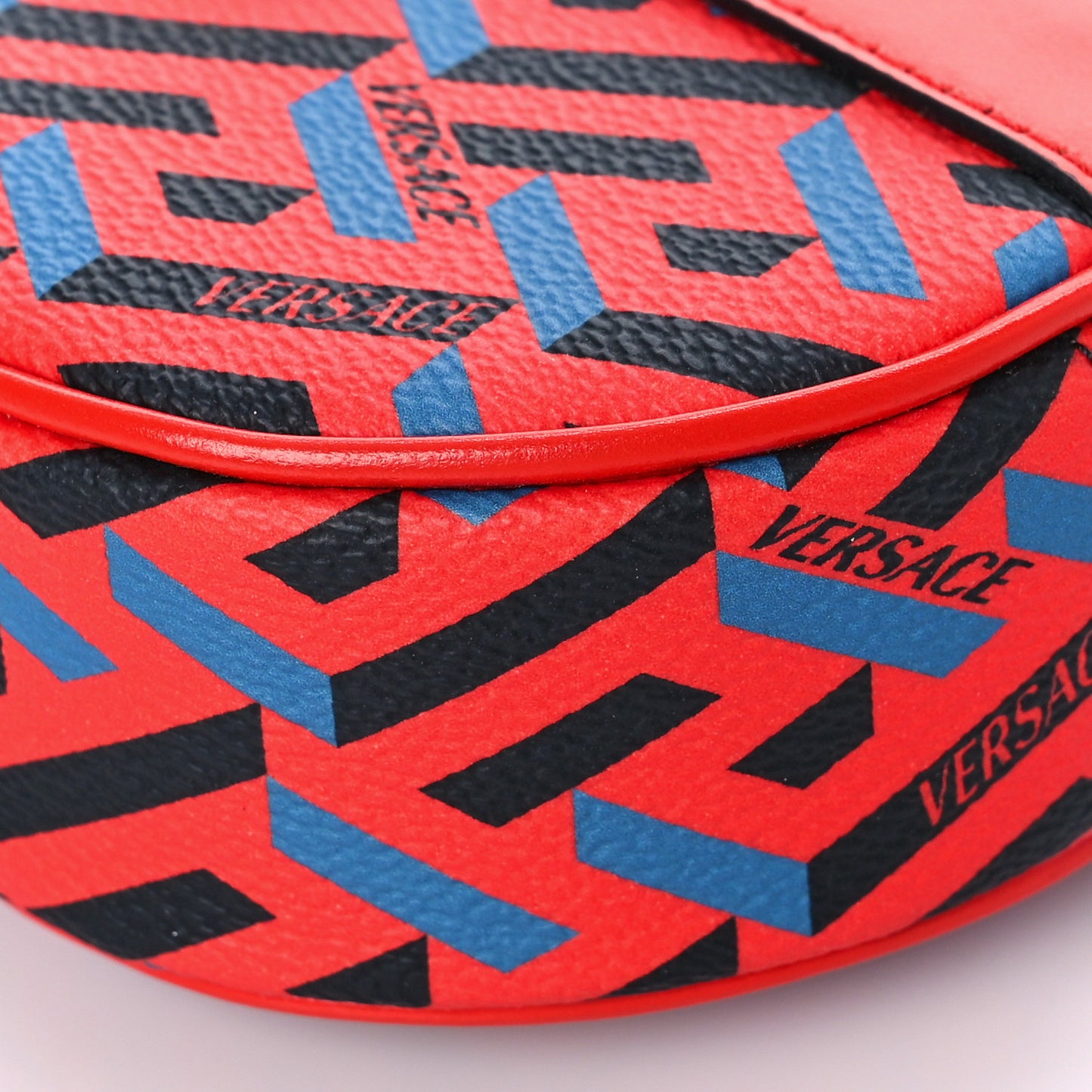 Coated Canvas Calfskin La Greca Round Zip Pouch Blue Red