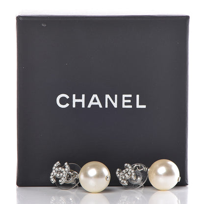 Chanel Crystal Pearl CC Drop Earrings Silver 5 of 5