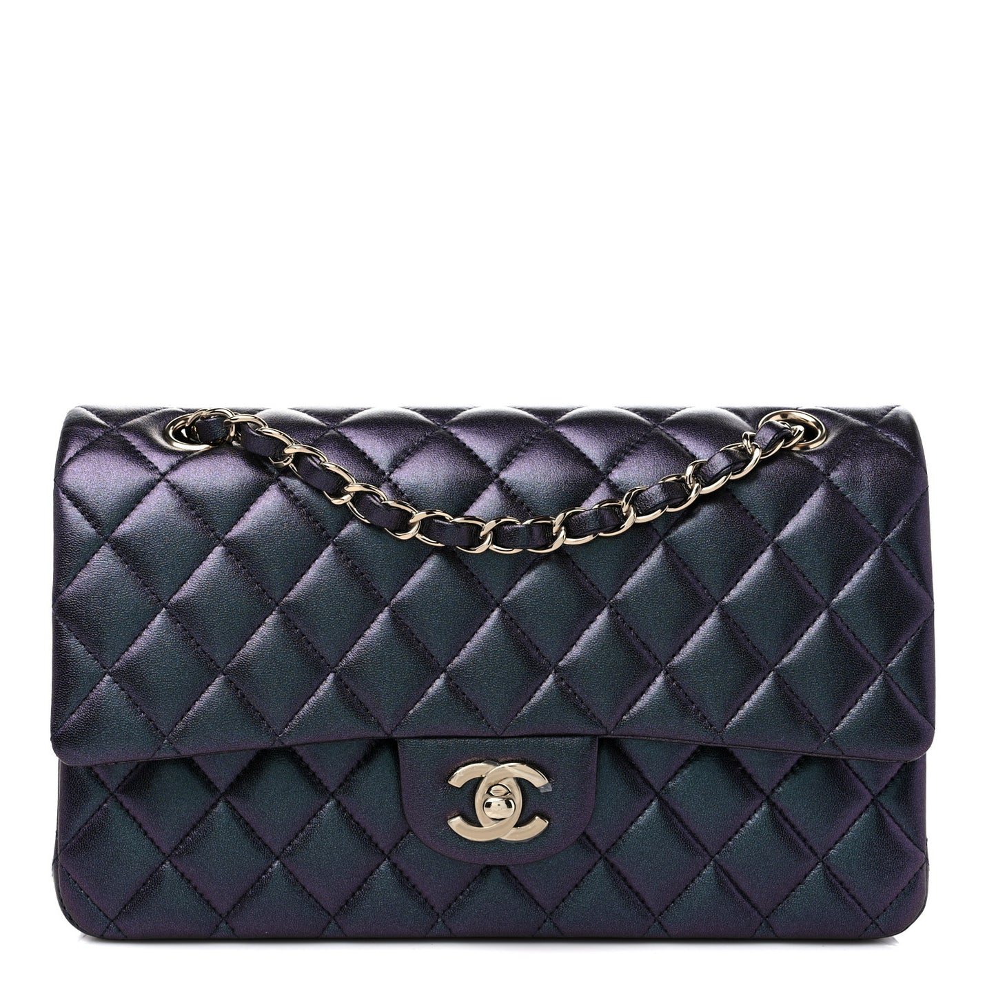 Iridescent Lambskin Quilted Medium Double Flap Black