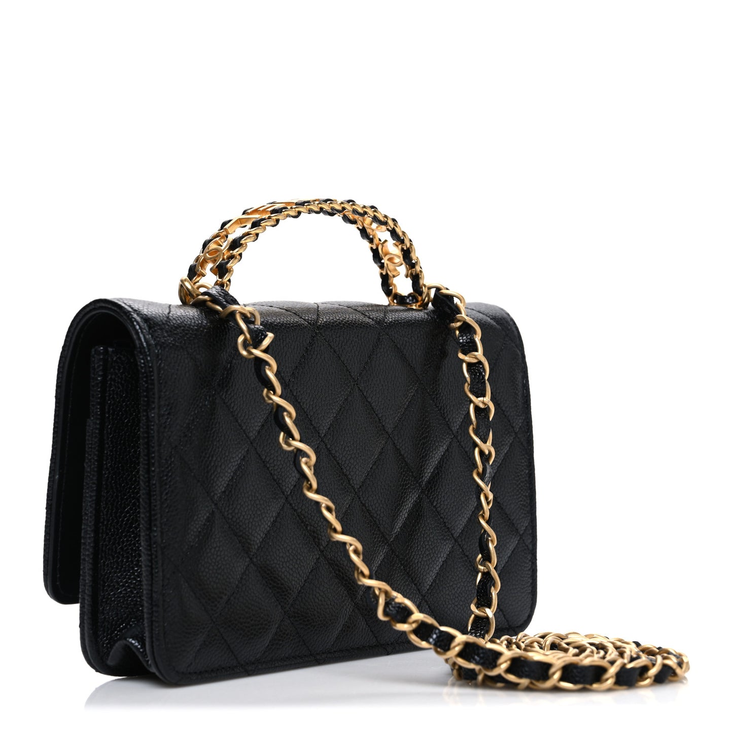 Shiny Caviar Quilted Pick Me Up Wallet On Chain WOC Black