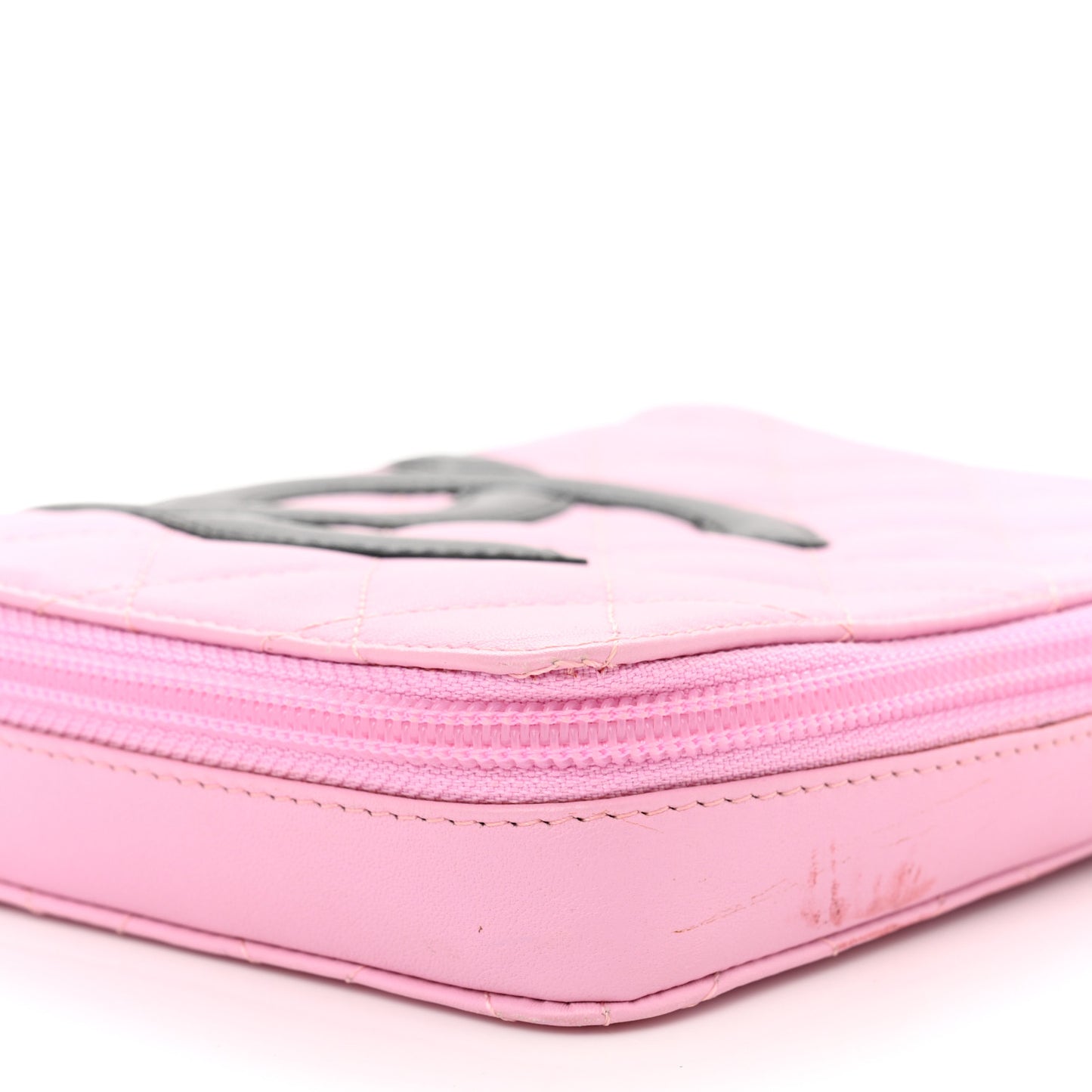 Calfskin Quilted Cambon Zip Around Makeup Pouch Pink Black