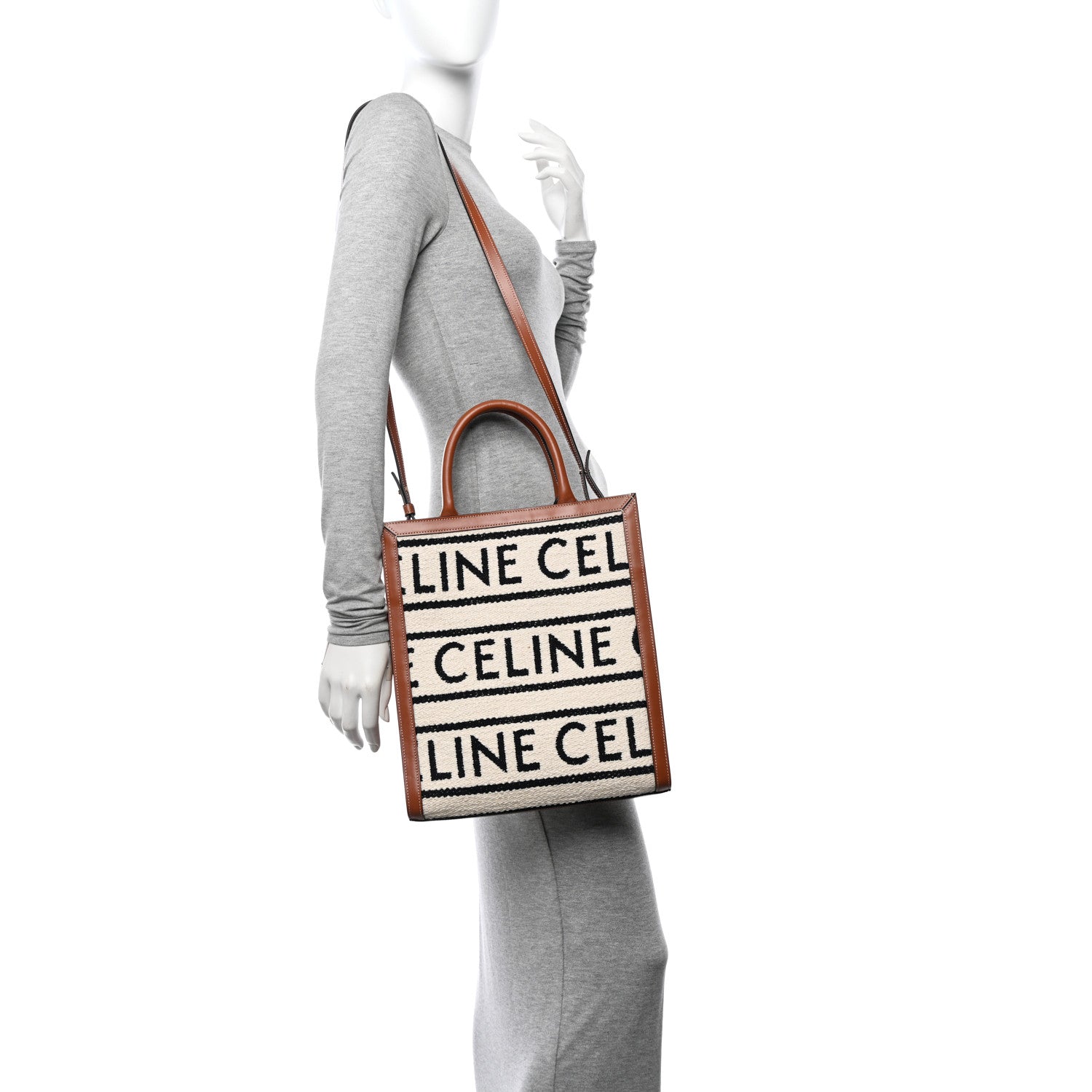Celine All Over Textile Calfskin Small Vertical Cabas Natural Tan Black 3 of 11
