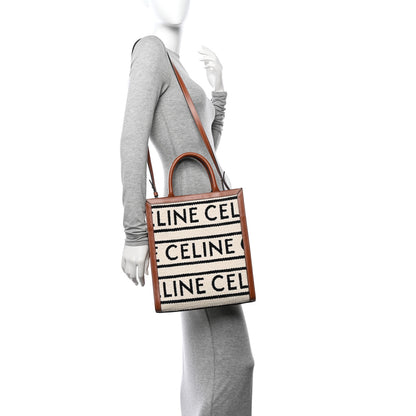 Celine All Over Textile Calfskin Small Vertical Cabas Natural Tan Black 3 of 11