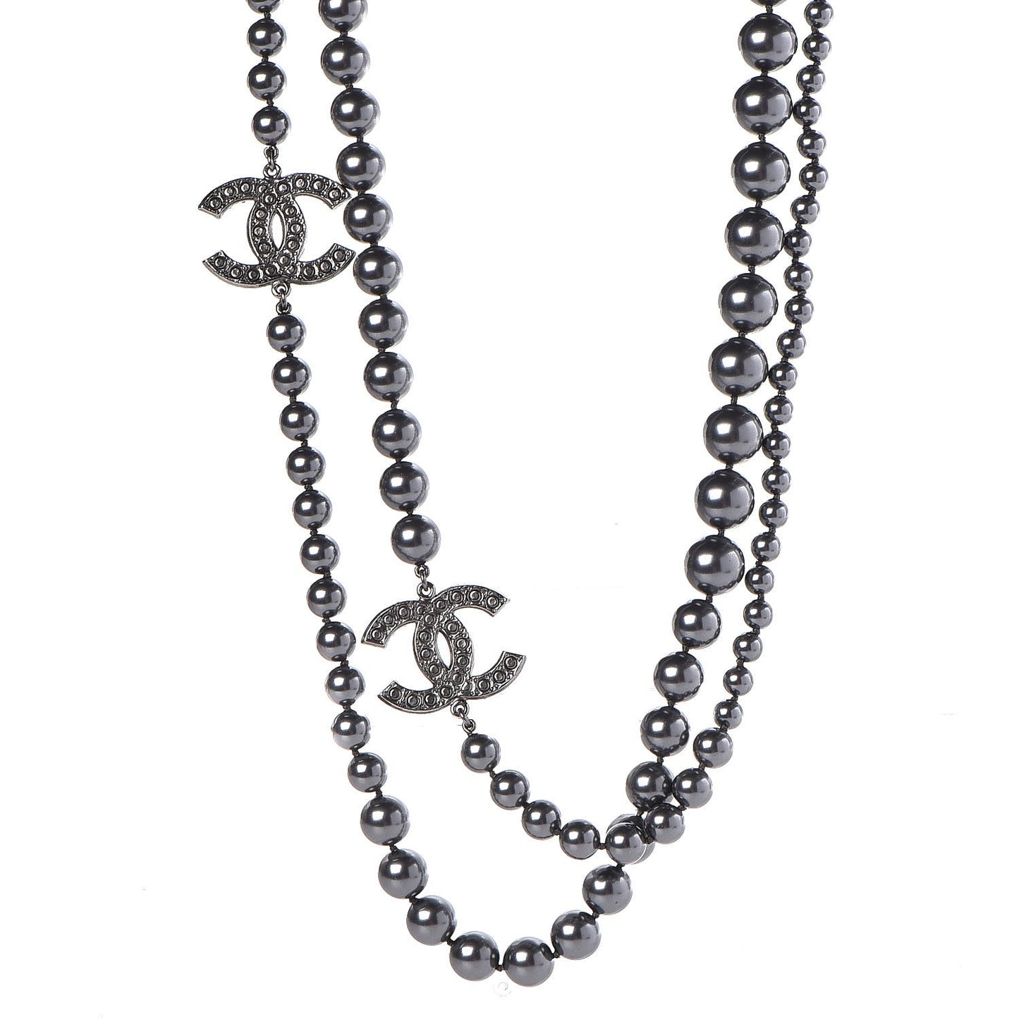 Ruthenium Graduated Pearl CC Long Necklace Dark Grey