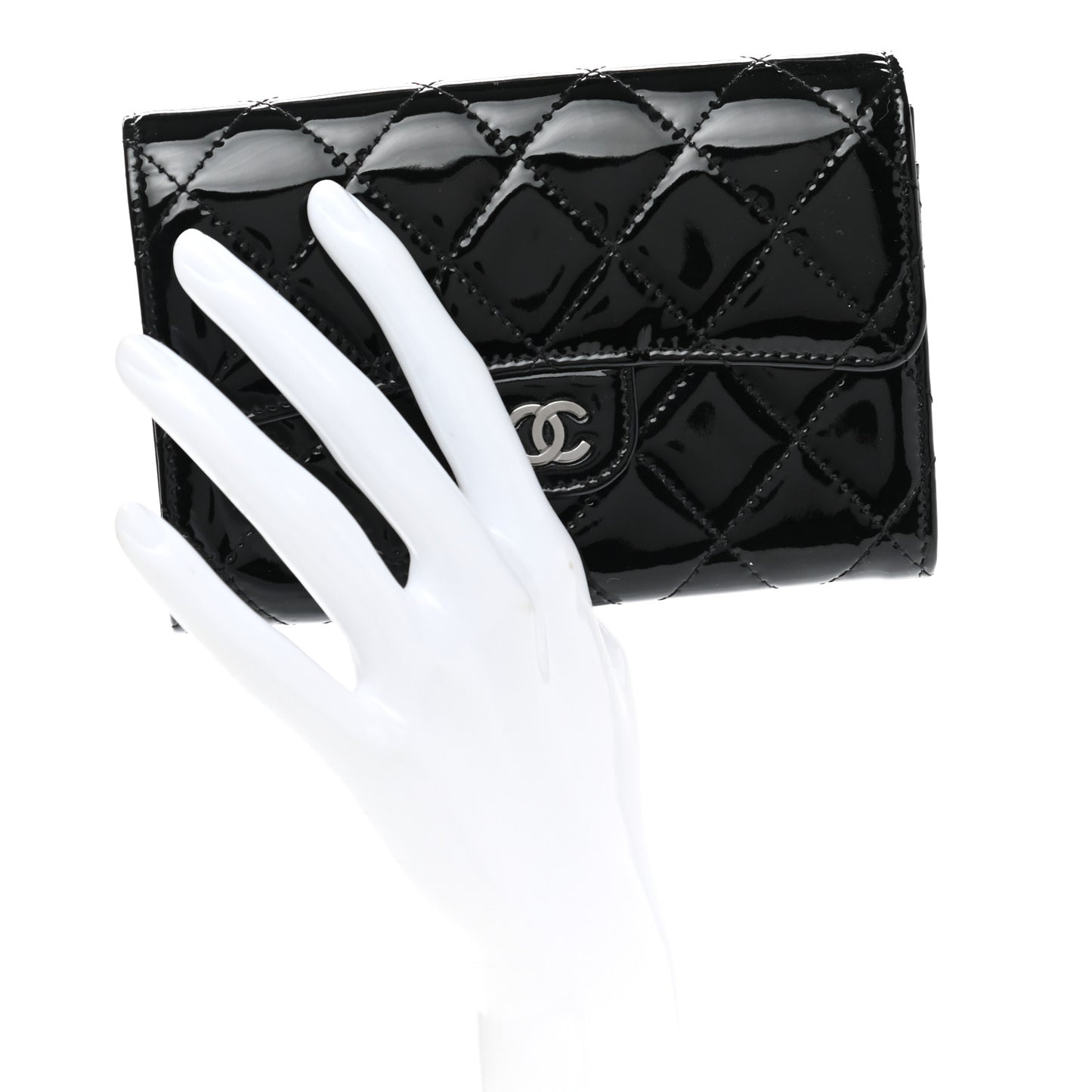 Patent Calfskin Quilted Small Flap Wallet Black