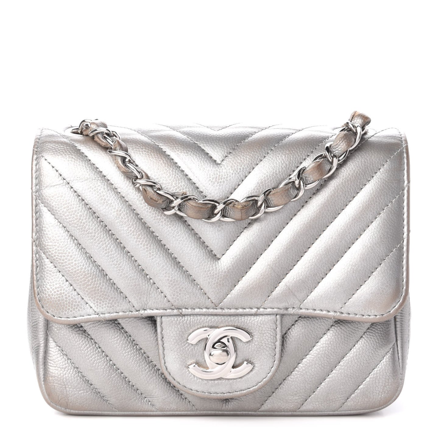 Metallic Caviar Chevron Quilted Mini Square Flap Silver