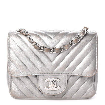 Chanel Metallic Caviar Chevron Quilted Mini Square Flap Silver 1 of 11