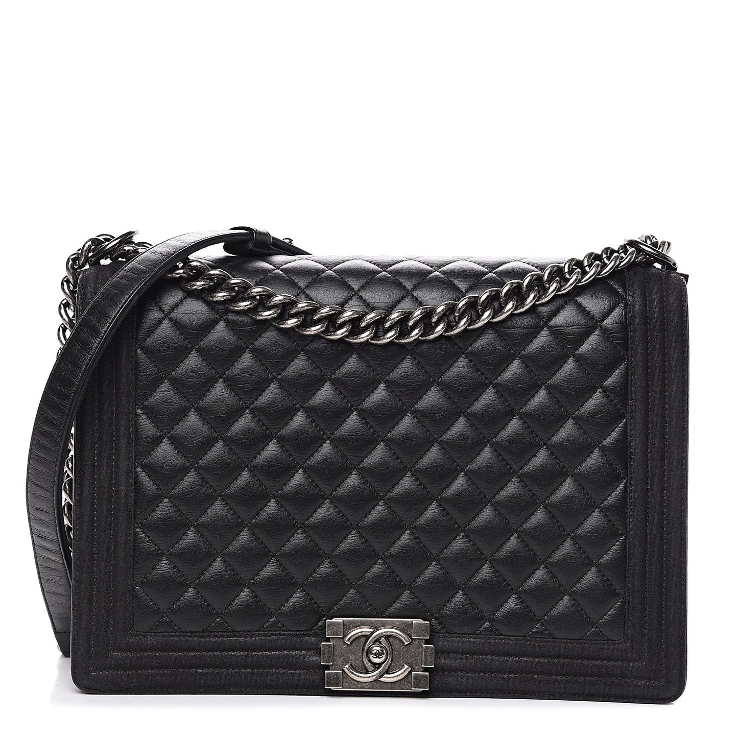 Calfskin Quilted Large Boy Flap Black