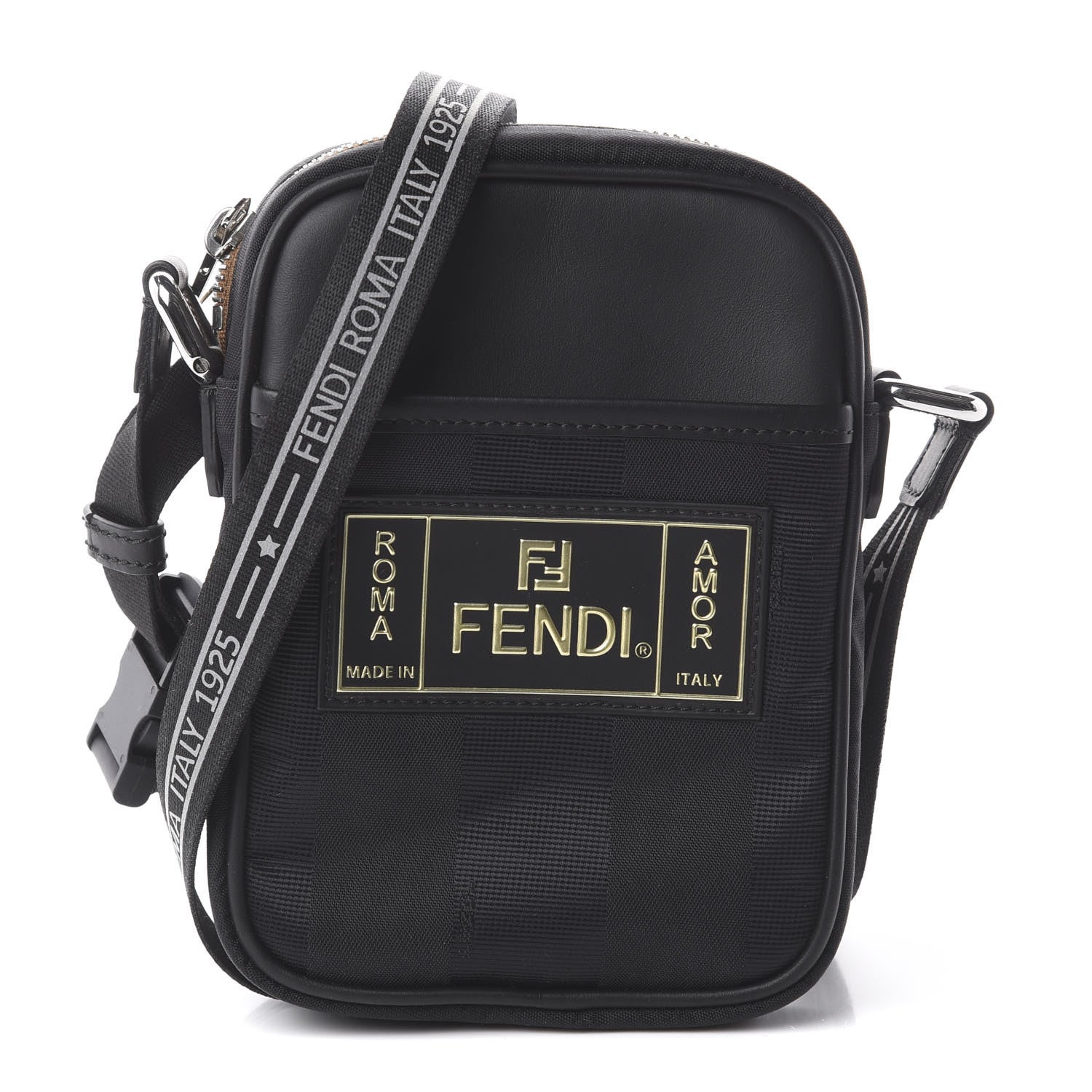 Fendi Nylon Vitello Century Pequin Logo Plate Small Crossbody Messenger Black 1 of 8