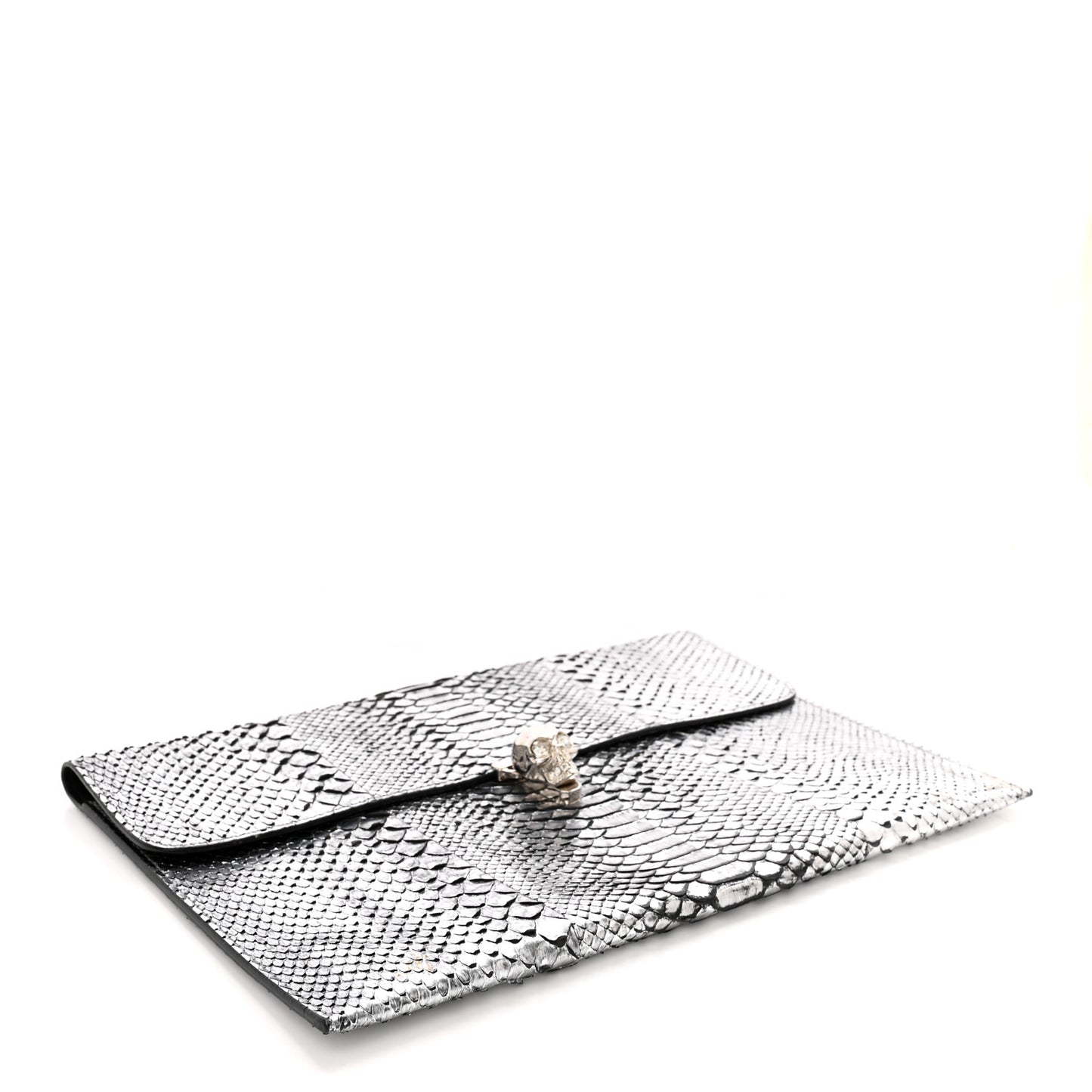 Metallic Snakeskin Skull Envelope Clutch Silver