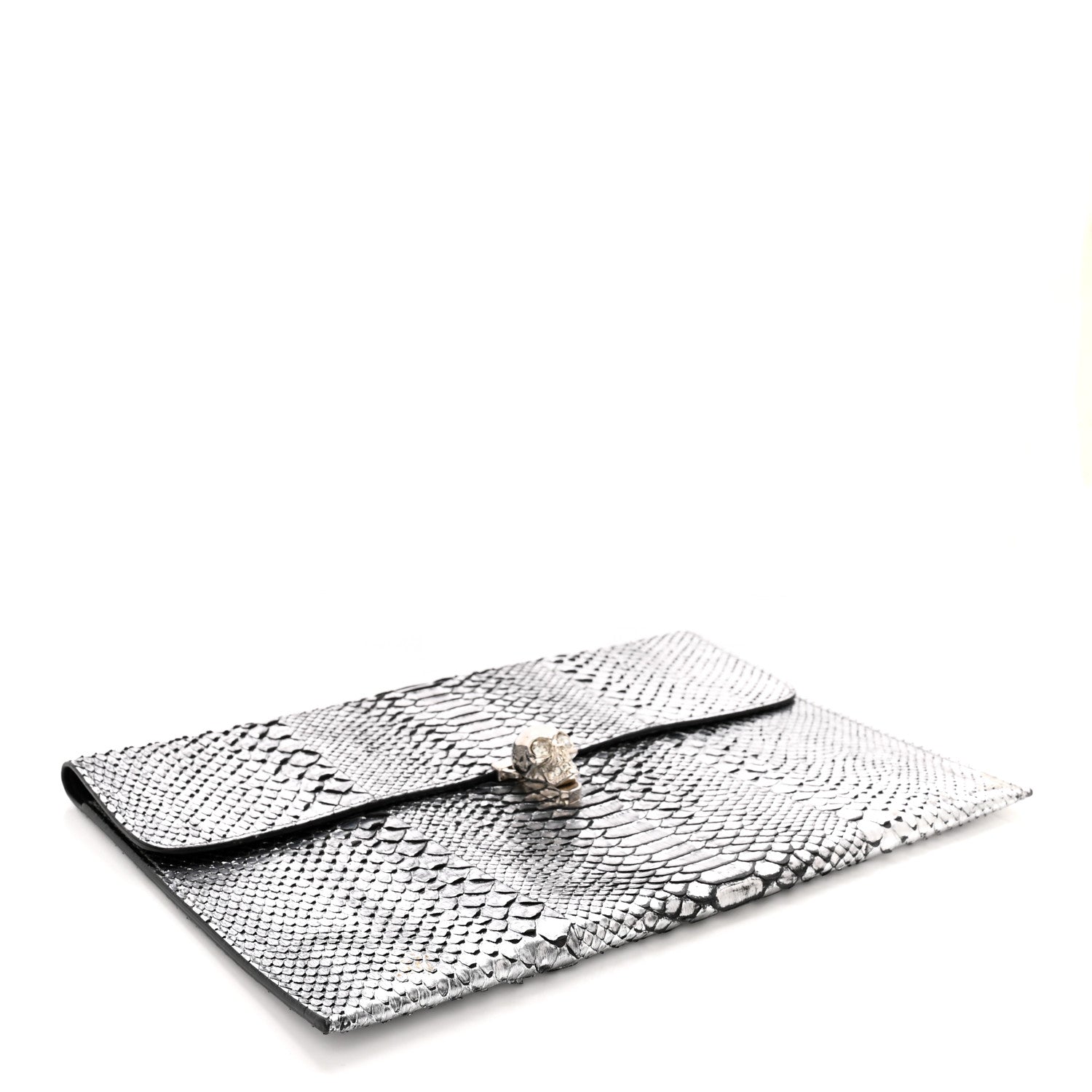 Alexander McQueen Metallic Snakeskin Skull Envelope Clutch Silver 4 of 10