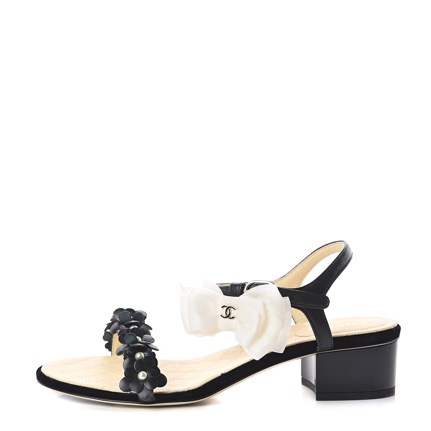 Chanel Lambskin Pearl Camellia Bow Sandals 38 Black 1 of 7