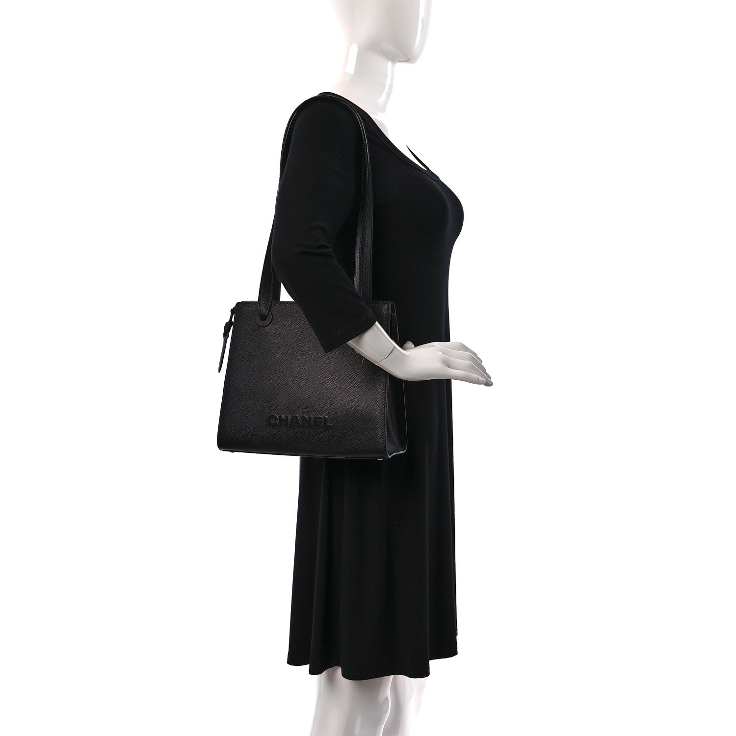 Chanel Grained Calfskin Logo Shoulder Bag Black 2 of 8