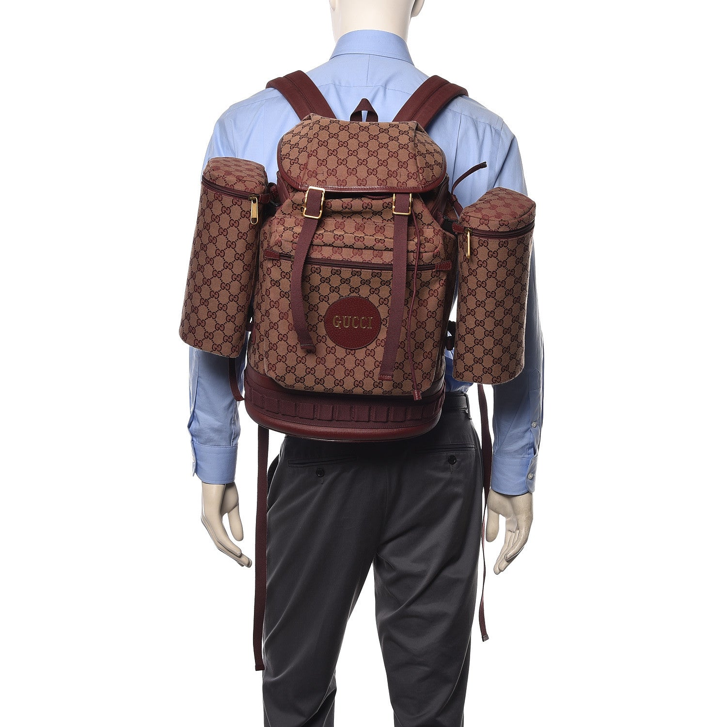 Gucci GG Monogram Script Logo Large Double Pocket Backpack Sahara Rubino Bordeaux 2 of 9