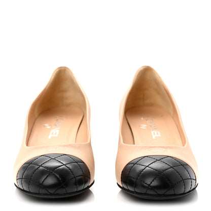 Chanel Lambskin Pearl Quilted Cap Toe Pumps 40 Beige Black 3 of 9