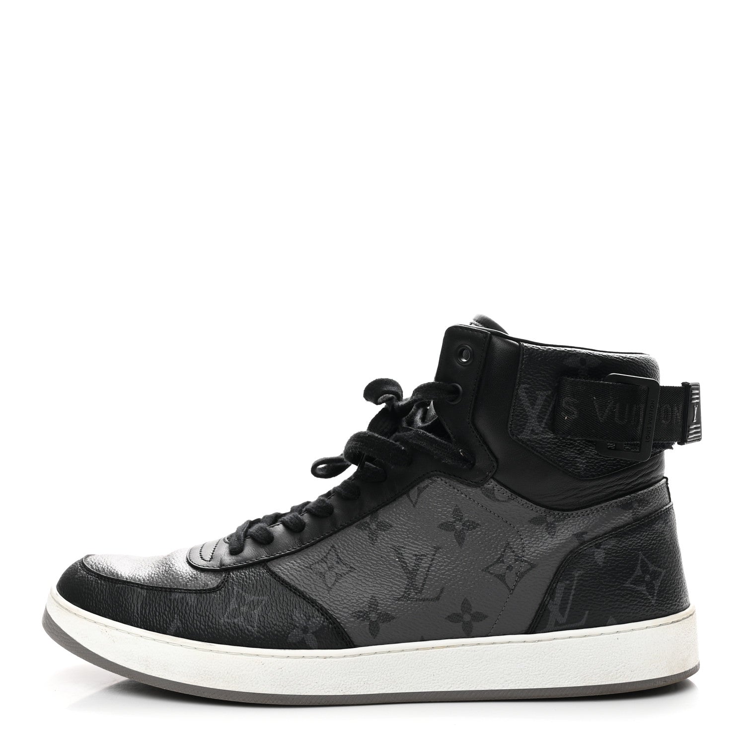 Louis Vuitton Calfskin Monogram Eclipse Mens Rivoli High Top Sneakers 10 Black Grey 1 of 9