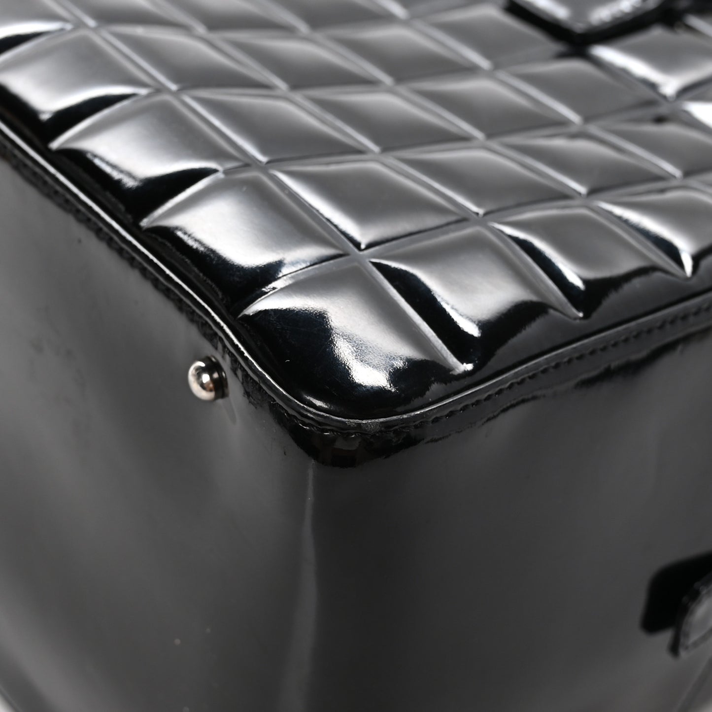 Patent Quilted Chocolate Bar Bowler Black