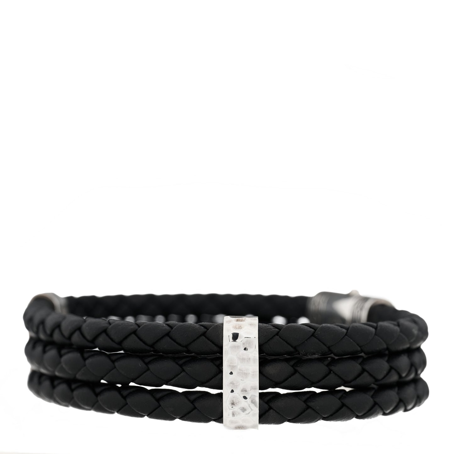 Sterling Silver Leather Three Row Braided Hammered Bracelet Black