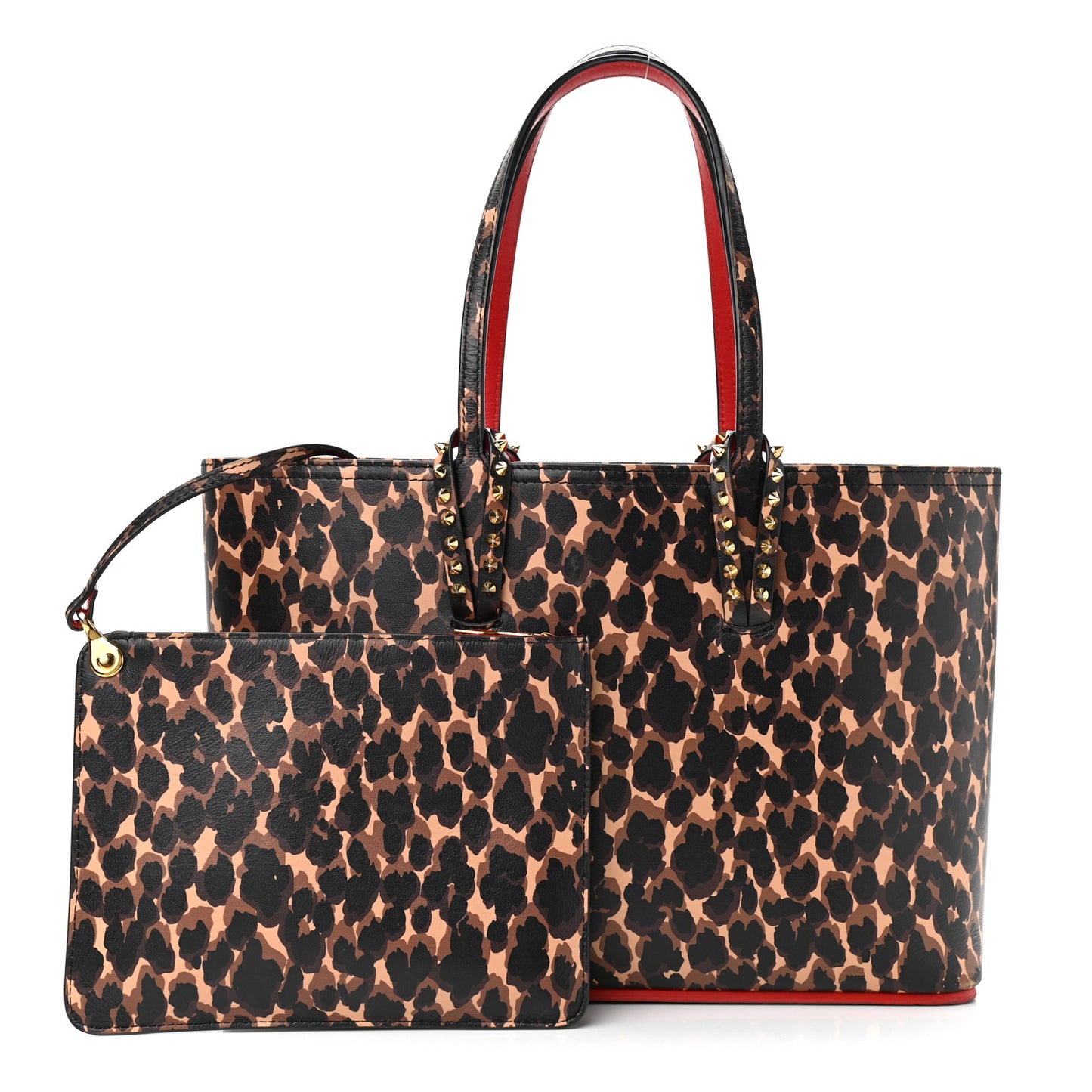 Calfskin Leopard Print Spikes Small East West Cabata Tote Brown