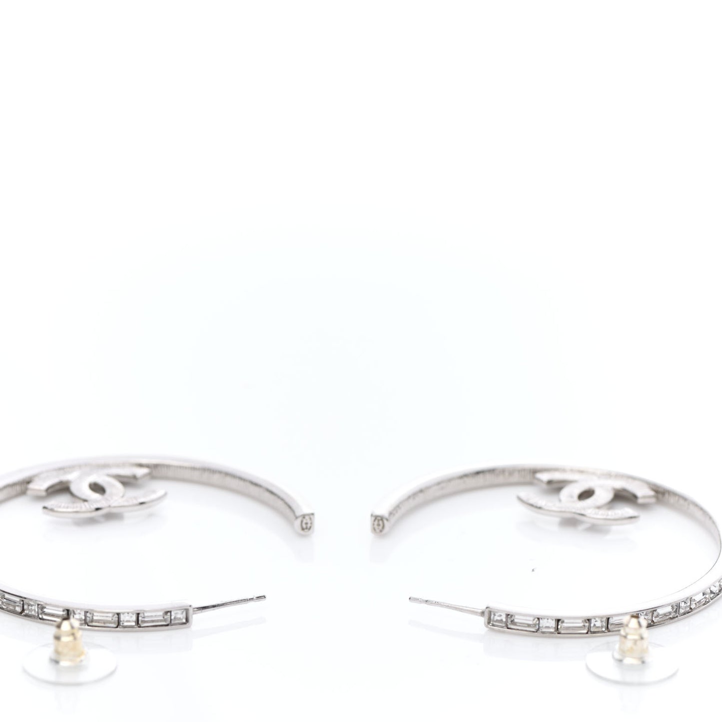 Metal Crystal Baguette CC Large Hoop Earrings Silver