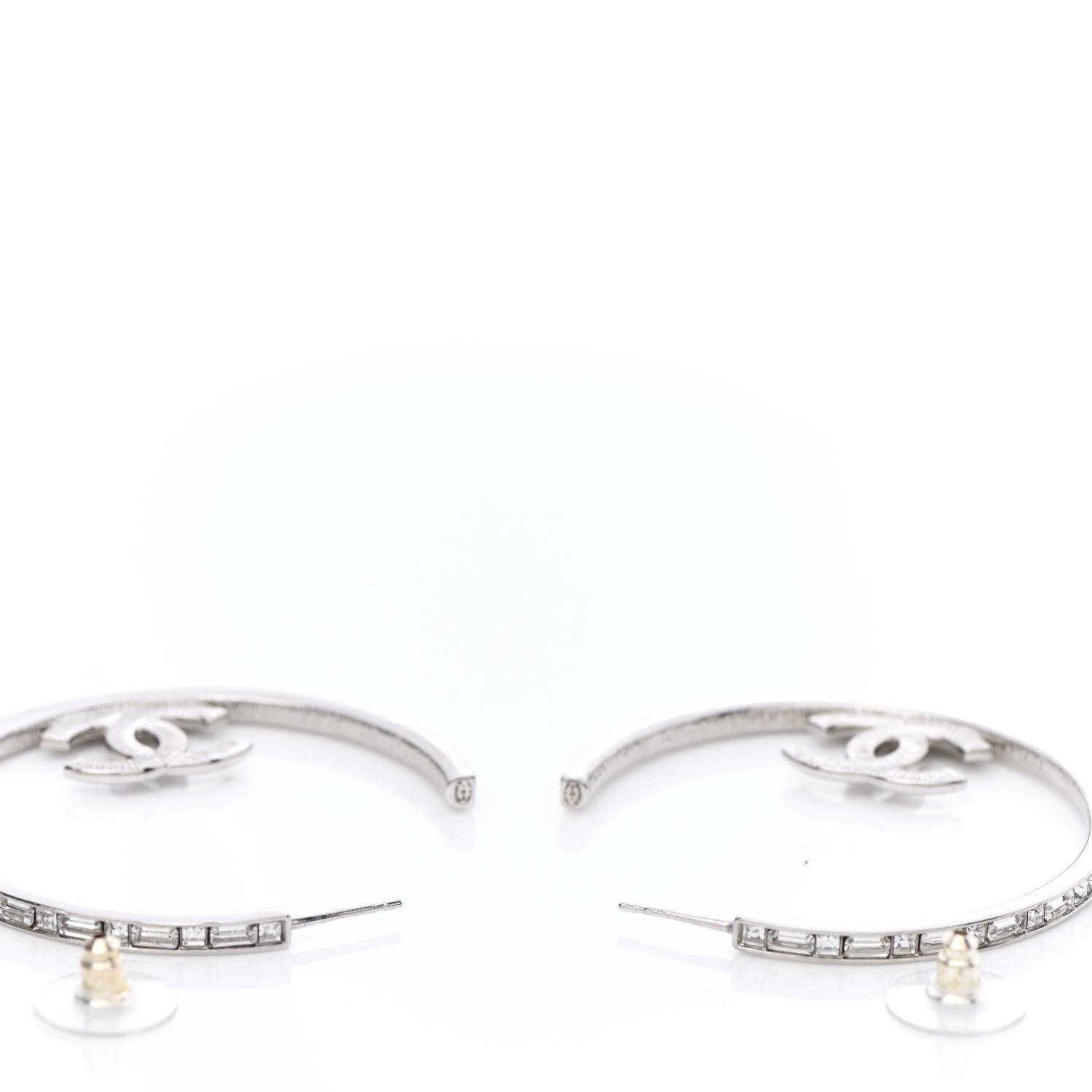 Chanel Metal Crystal Baguette CC Large Hoop Earrings Silver 3 of 5