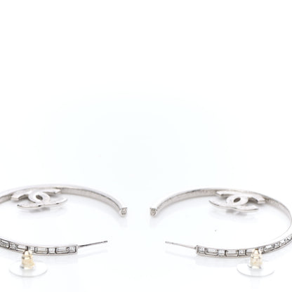 Chanel Metal Crystal Baguette CC Large Hoop Earrings Silver 3 of 5