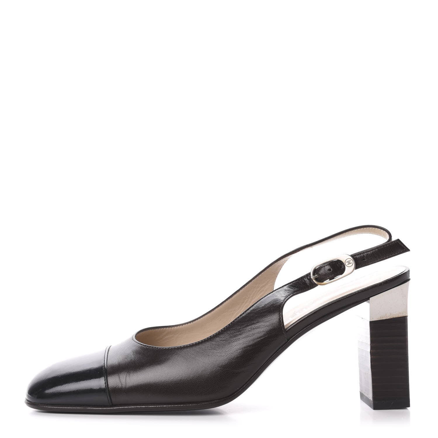 Chanel Goatskin Cap Toe CC Slingback Sandals 38 Black 1 of 10
