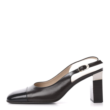 Chanel Goatskin Cap Toe CC Slingback Sandals 38 Black 1 of 10