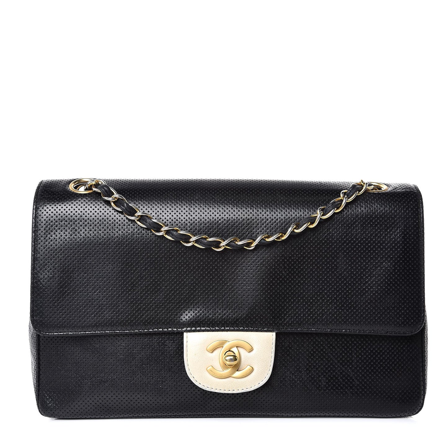 Lambskin Perforated Medium Single Flap Bag Black White