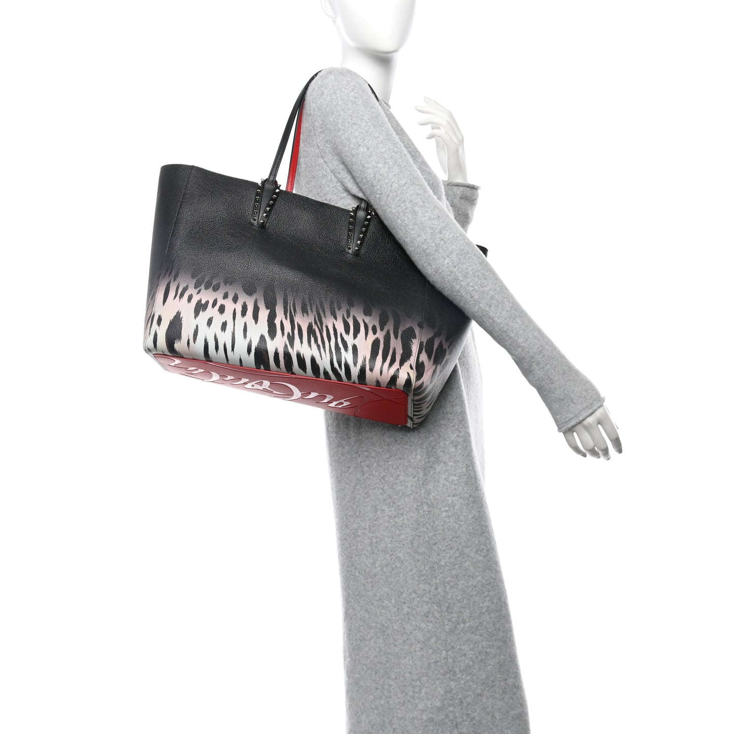 Calfskin Degrade Leopard Print Spikes East West Cabata Tote Black Multi
