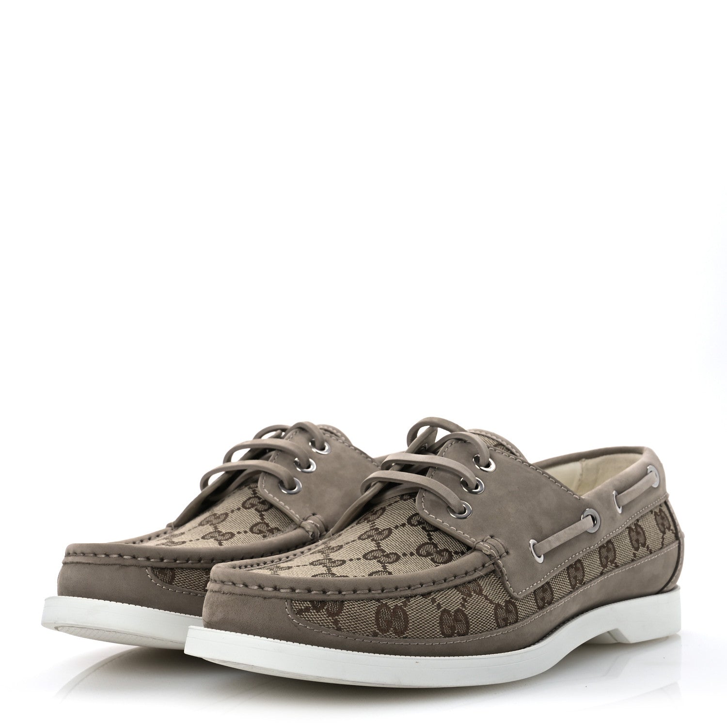 Gucci GG Supreme Monogram Canvas Nubuck Mens Lace Up Boat Shoes 9.5 Oatmeal Beige Ebony 4 of 13
