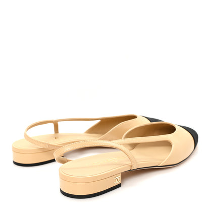 Chanel Lambskin Grosgrain Cap Toe CC Slingback Sandals 40 Beige Black 5 of 10