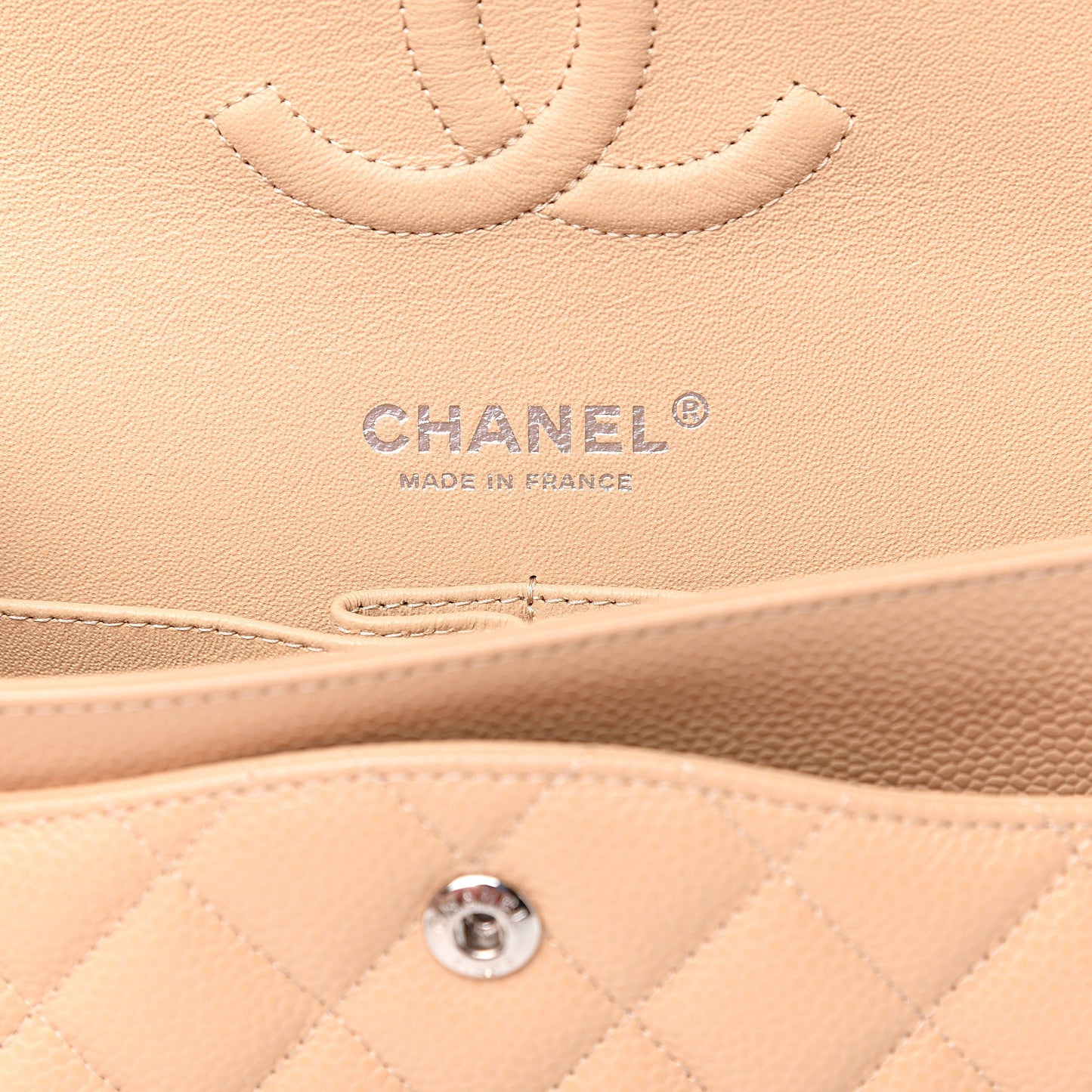 Caviar Quilted Medium Double Flap Beige