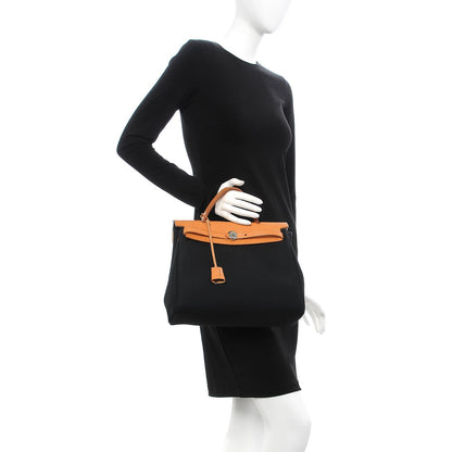 Hermes Toile Vache Calfskin Herbag 30 PM Black Natural 3 of 14