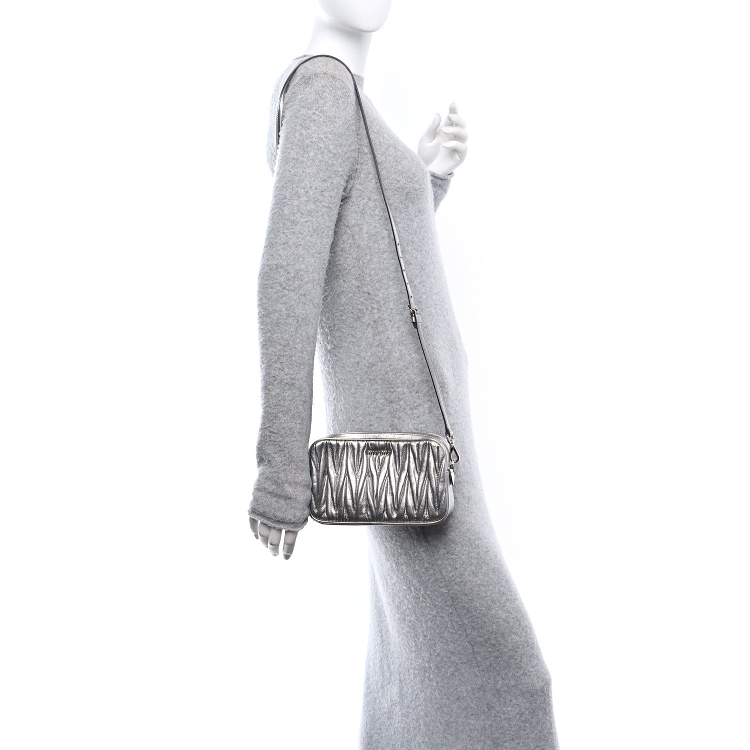 Miu Miu Metallic Nappa Matelasse Double Zip Pochette Clutch Cromo