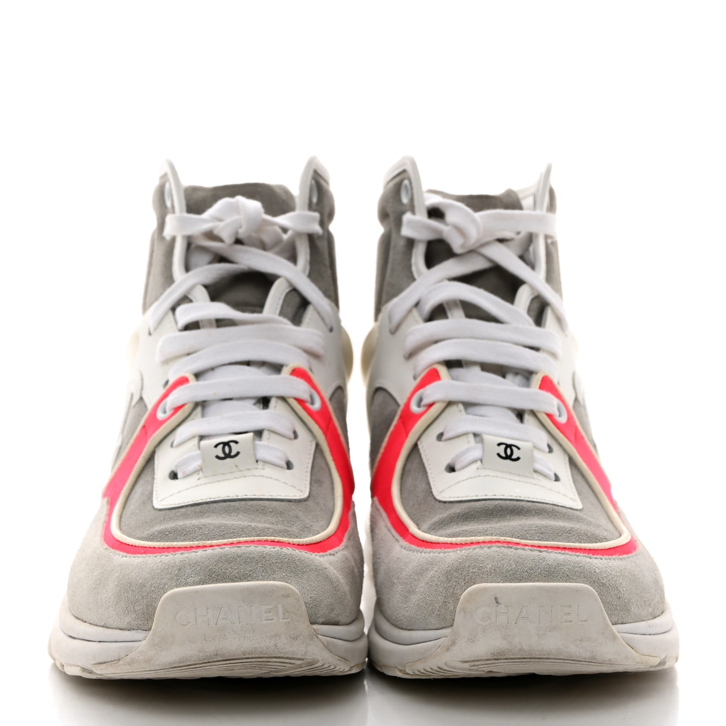 Suede Calfskin Lambskin Neoprene High Top CC Sneakers 37 White Fluo Pink Grey