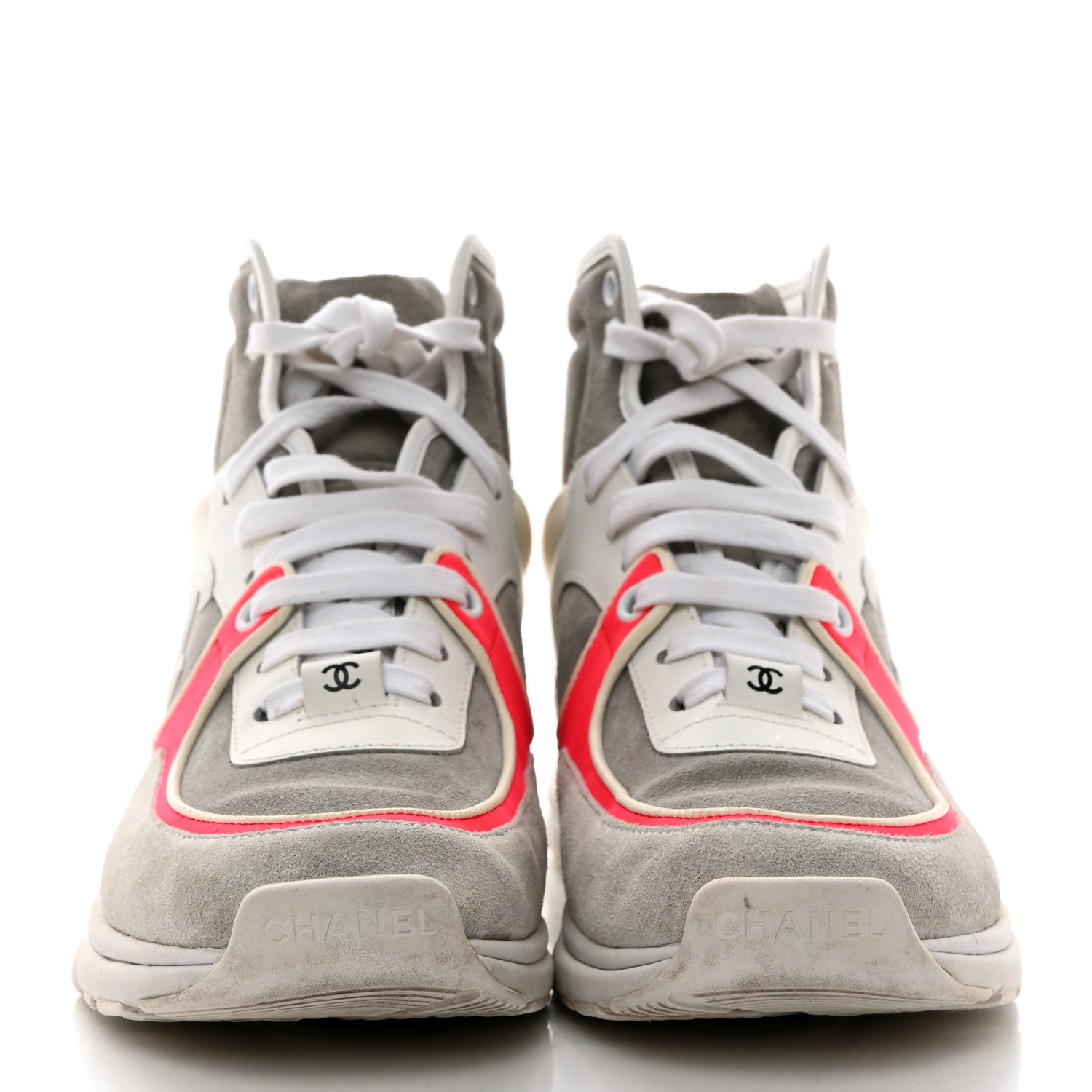Chanel Suede Calfskin Lambskin Neoprene High Top CC Sneakers 37 White Fluo Pink Grey 2 of 8