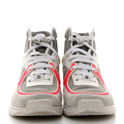 Chanel Suede Calfskin Lambskin Neoprene High Top CC Sneakers 37 White Fluo Pink Grey 2 of 8