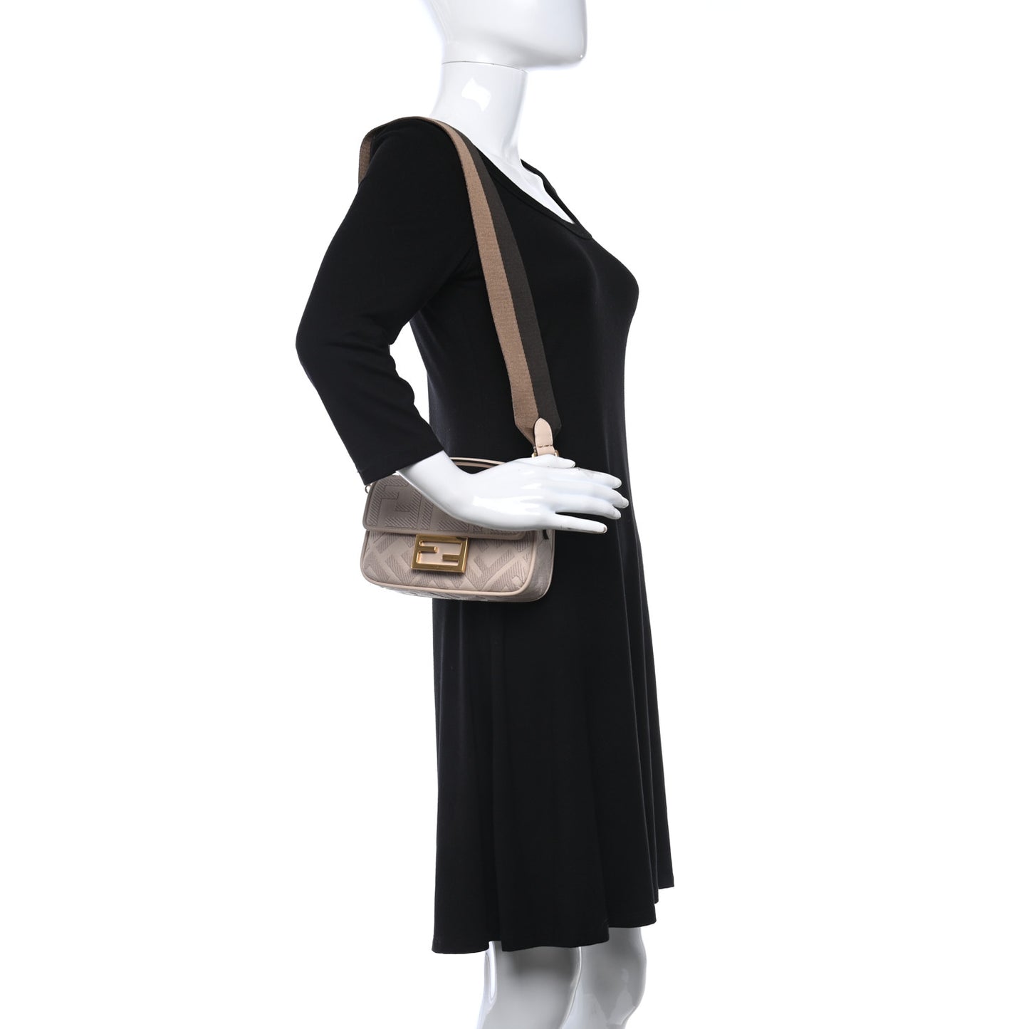 Canvas Vitello King Bi-Color Strap FF Embroidered Mini Baguette Poudre