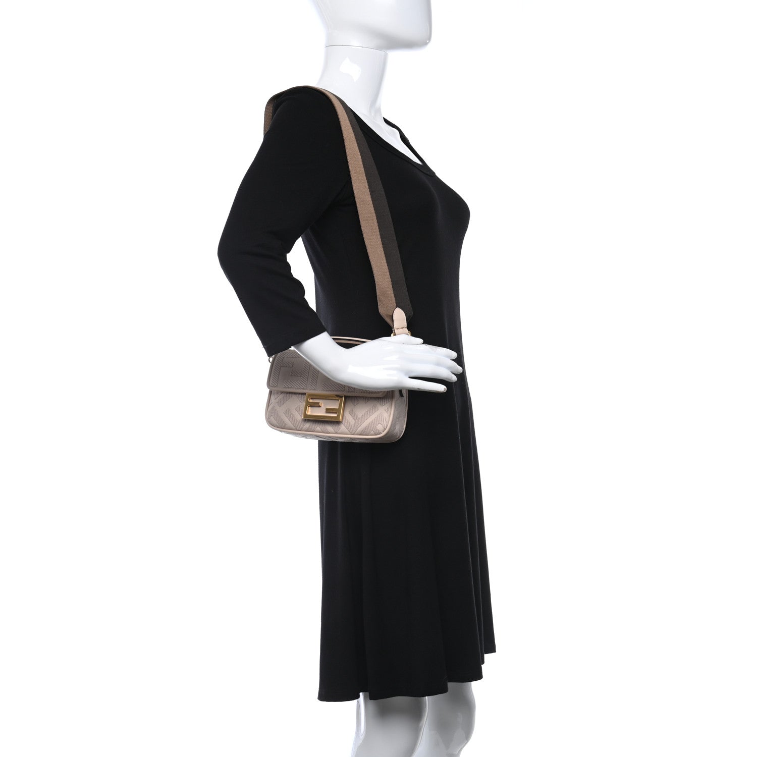 Fendi Canvas Vitello King Bi-Color Strap FF Embroidered Mini Baguette Poudre 2 of 9
