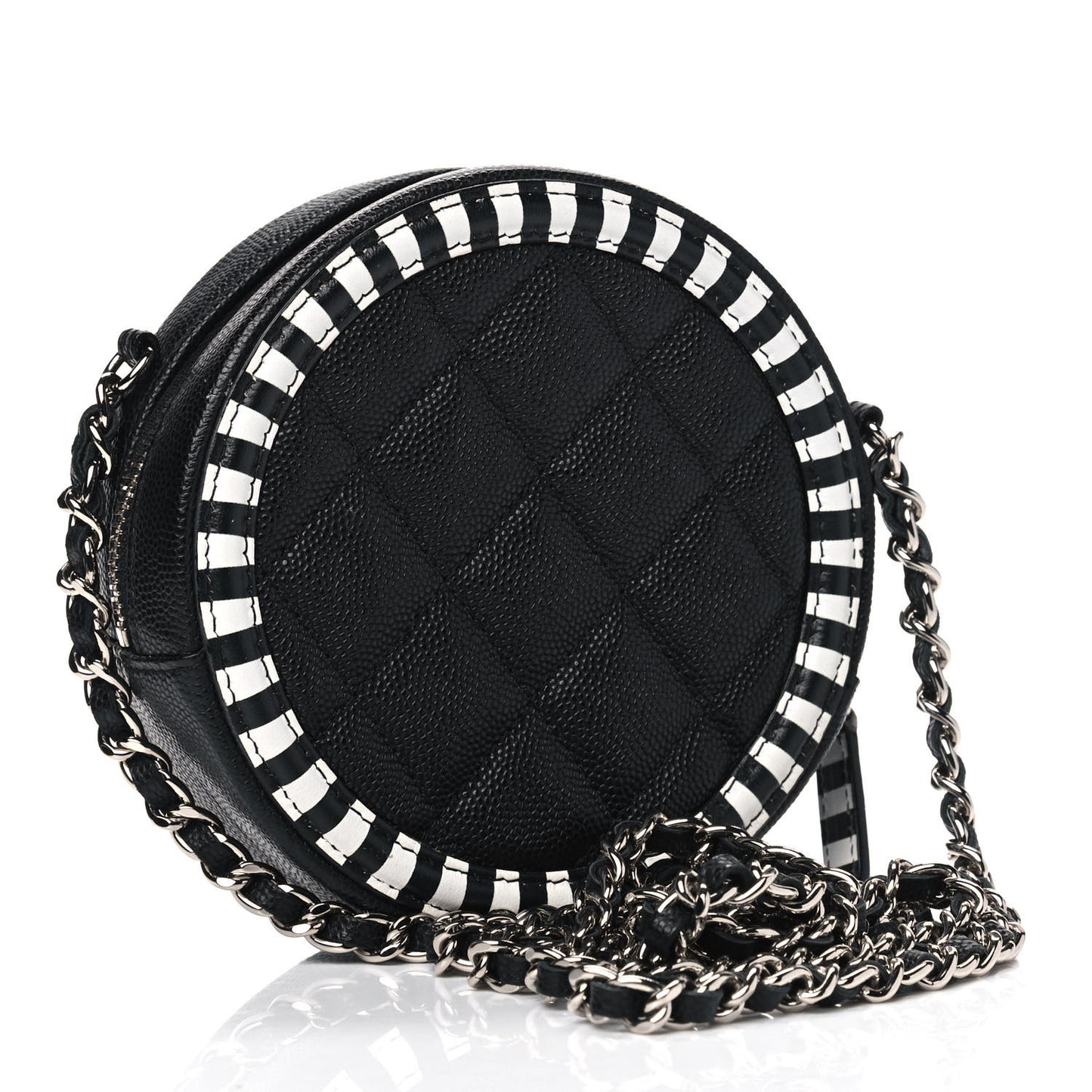 Caviar Quilted Filigree Round Clutch With Chain Black White