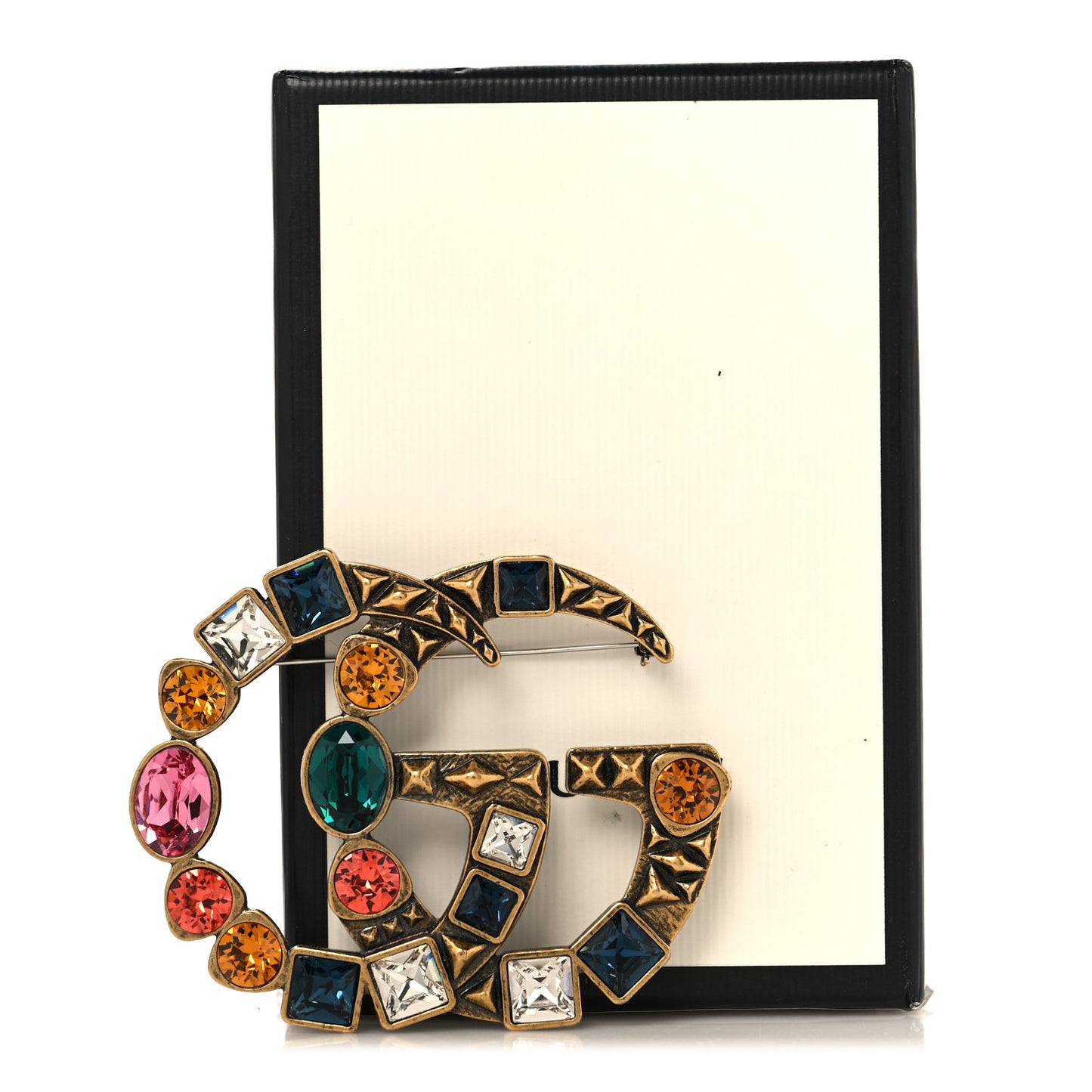 Metal Crystal Double G Brooch Aged Gold Multicolor