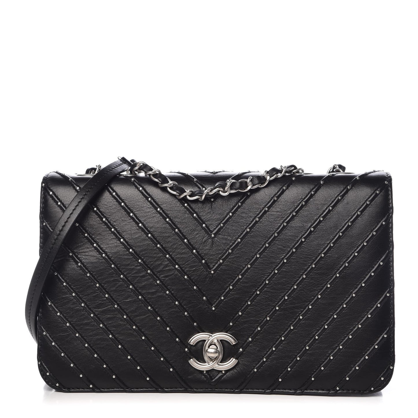 Calfskin Studded Chevron Quilted Flap Black